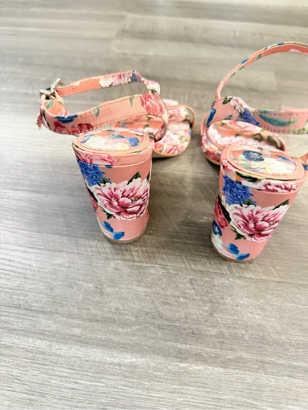 Floral Pink Peach Block Heel Sandals with Ankle Strap